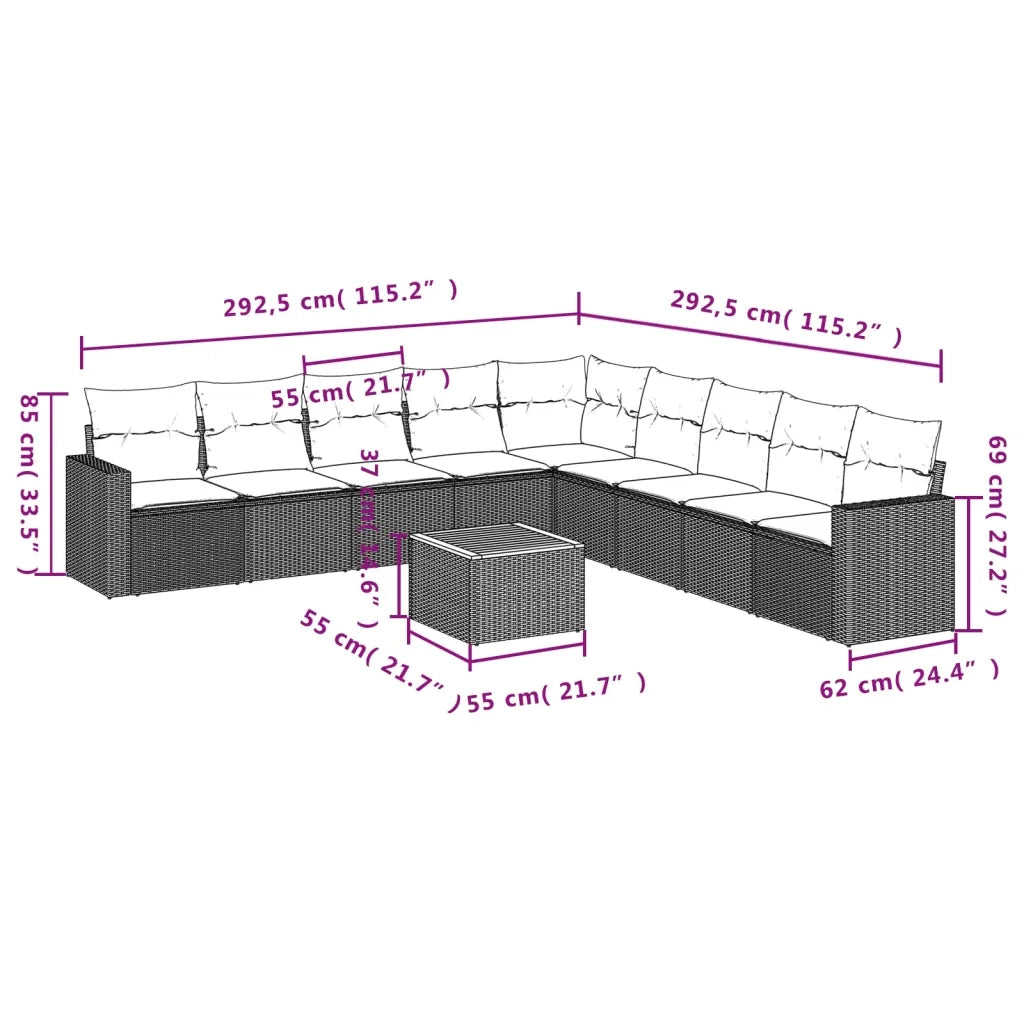 Set Divani da Giardino 10pz con Cuscini in Polyrattan Nero 3224165
