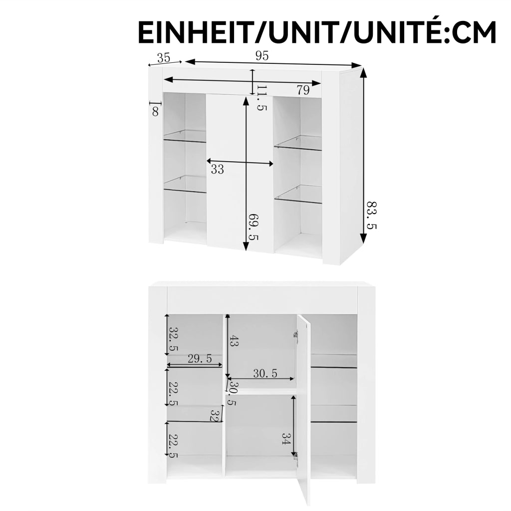 Credenza con 1 Anta e Ripiani in Vetro; Frontale Bianco Lucido; Stile Moderno; in Pannello Truciolare; 95??35??83 cm