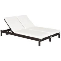 Lettino Prendisole a 2 Posti, Sdraio in Acciaio e Rattan, Schienale Regolabile, 196 x 120 x 28cm Marrone e Bianco Crema