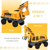 Ruspa Giocattolo 2 in 1 con Escavatore e Mordente, Vano Nascosto, Gioco Cavalcabile Bambini 2-3 Anni, 90x28x58cm, Giallo