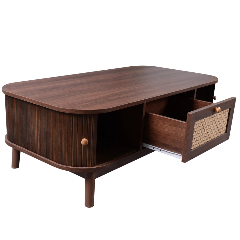 Tavolino da caffè 110 cm con rattan, ante scorrevoli e cassetti