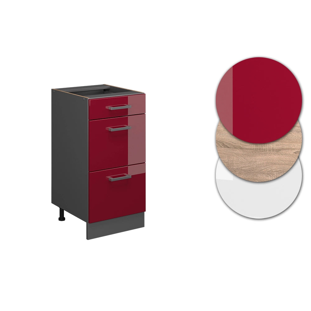 Mobiletto base per cucina R-Line Rosso lucido/Antracite 40 cm con cassetti, senza piano di lavoro Vicco