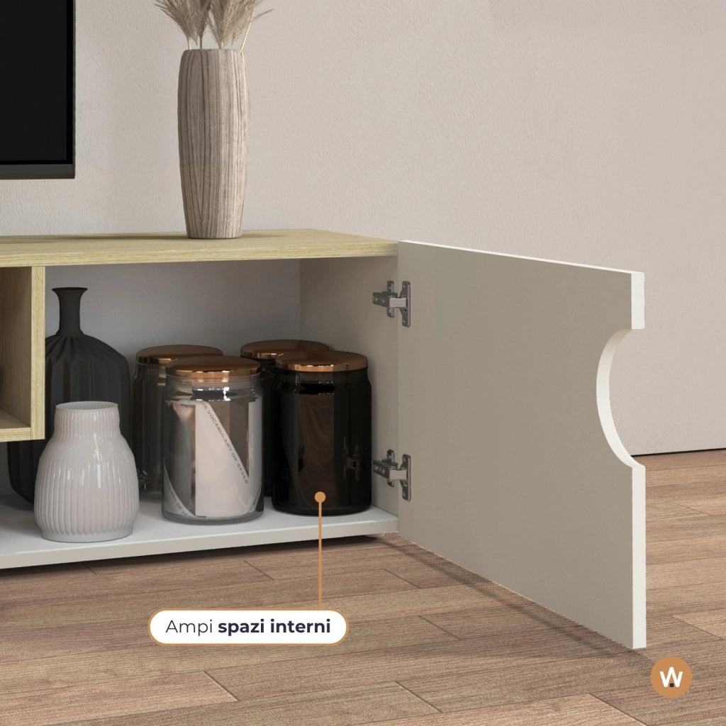 WHOUS Mobile porta TV Real con 2 ante laterali 1 ribalta e 1 vano aperto cashmere e rovere chiaro 240x40x40 cm