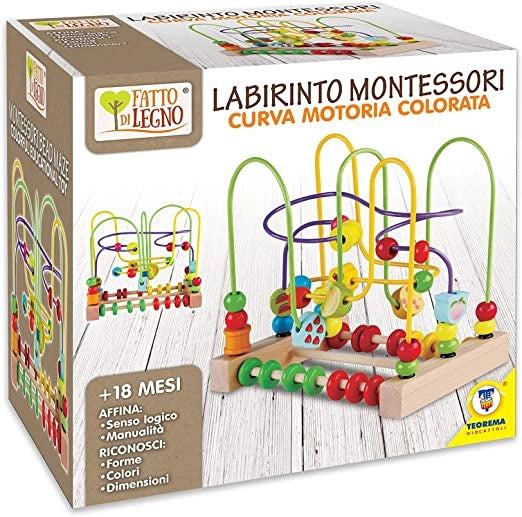 Teorema Giocattoli- Labirinto Didattico Montessori in Legno, Giocattolo per Bambini con Curve Motorie Colorate e Perline