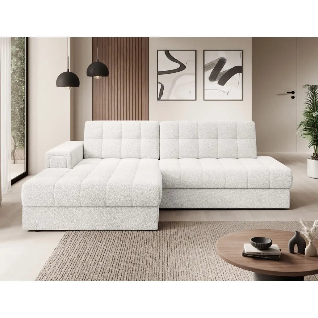 Divano angolare convertibile CUBITO bianco bouclé 240 cm con contenitore e letto