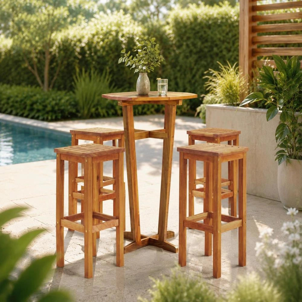 Bar Stools, Set Of 4, Solid Acacia Wood