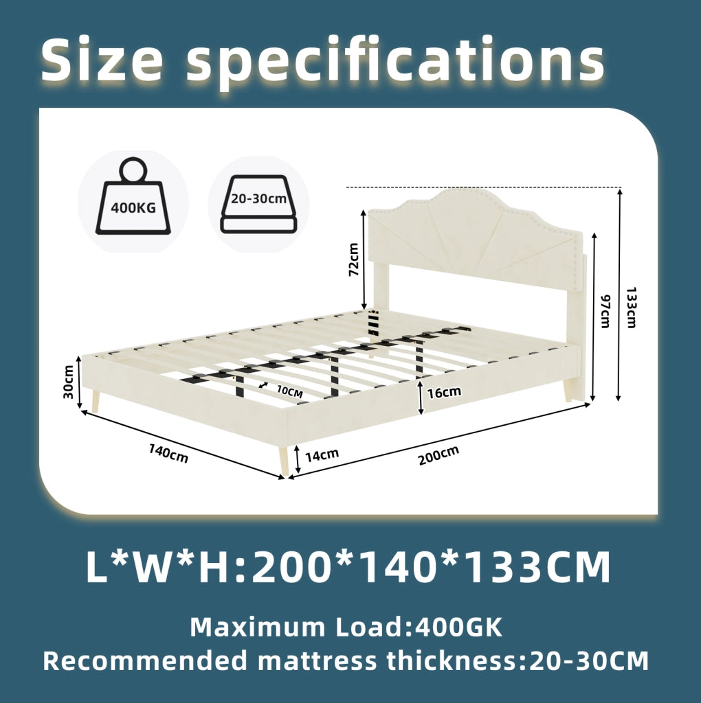 Letto 140x200 cm in tessuto beige con testiera e materasso, per camera -
