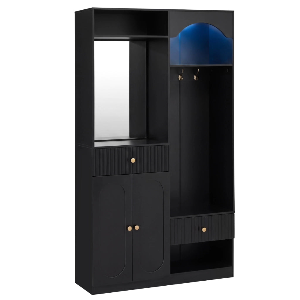 Armadio da ingresso con specchio, ganci, panca e LED, ripiani regolabili, nero, 100 × 35 × 180 cm