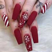 Set di 24 punte per unghie quadrati con disegno a linee curve rosse e fiocchi di neve - Manicure per donne con strisce di cioccolato.