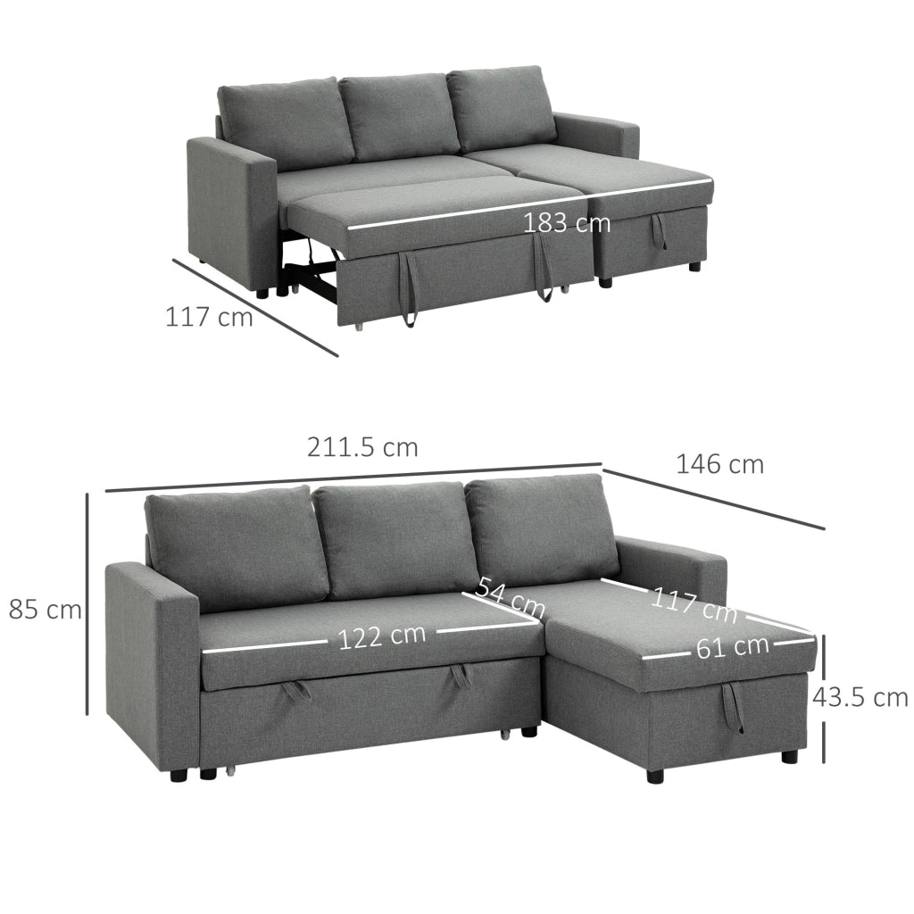 EasyComfort Divano Letto 3 Posti e Penisola con Contenitore, Rivestimento Tessuto Effetto Lino, 211.5x146x85cm