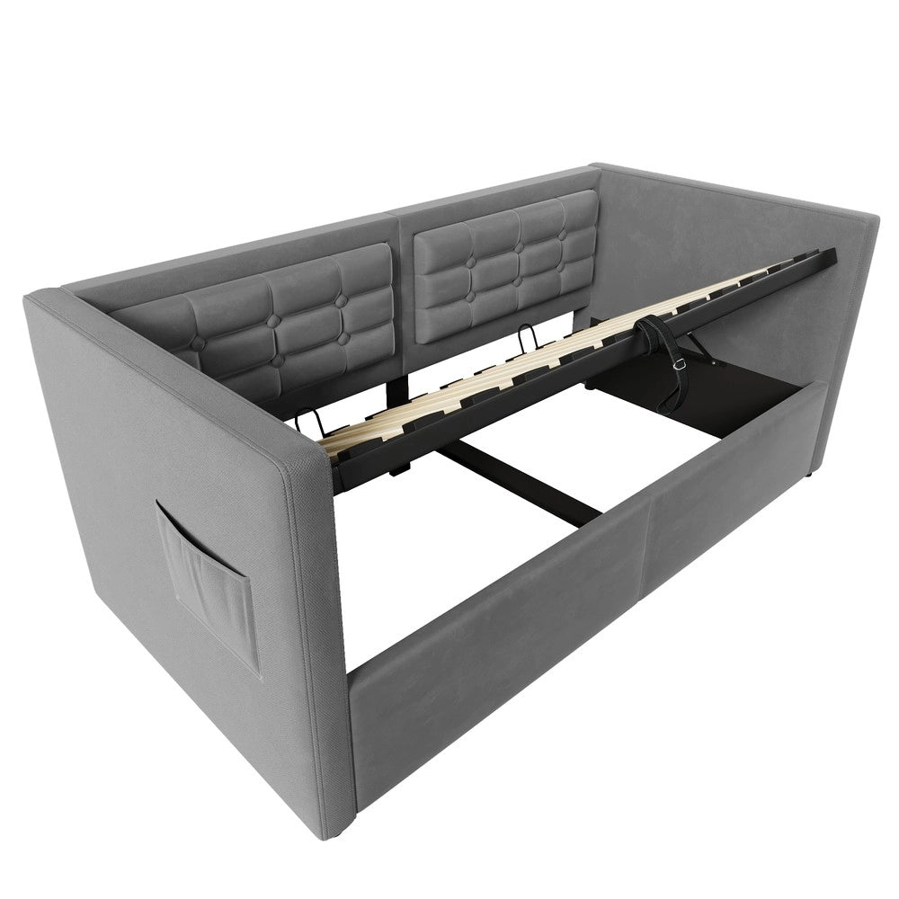 Letto Singolo Imbottito con Contenitore Idraulico ¨C MINIMAL ¨C Grigio, Velluto, 90x200