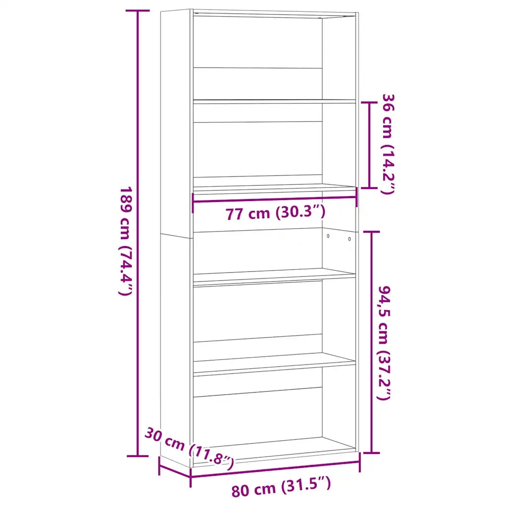 Libreria-Scaffale per Libri-Mobile di Stoccaggio Rovere Artigianale 80x30x189 cm in Legno Multistrato