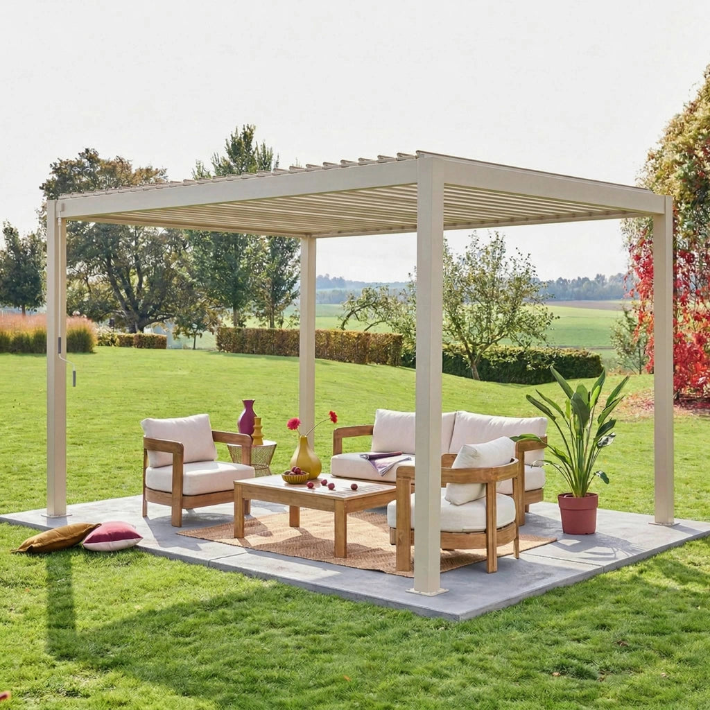 Pergola bioclimatica 3x4m in alluminio, lamelle orientabili, beige
