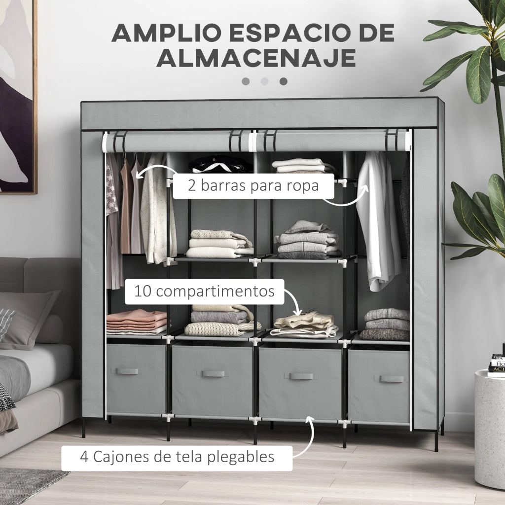 Armadio Portatile con 10 Compartimenti, 2 Rack e 4 Cassetti ¨C Zephmum ¨C Grigio 166x42.5x169.5 cm