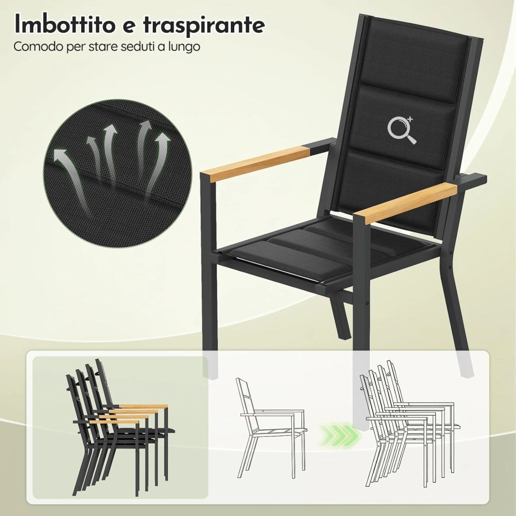 Set di Arredo da Giardino 8 Persone, Set di Tavolo 189 cm Design a Vena di Legno e 8 Sedie Impilabili da Esterno in Alluminio, Ideale per Cortile, Terrazza o Ai Margini della Piscina, Grigio
