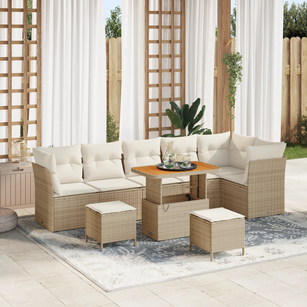 Set di Divani da Giardino 9 Pezzi  con Cuscini Beige in Rattan Sintetico e Acacia