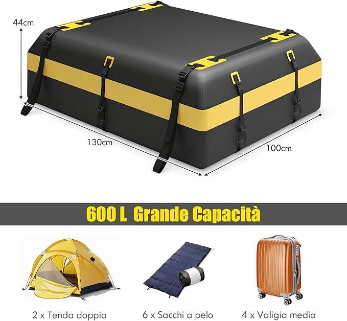Borsa da Tetto Auto Impermeabile, Box da Tetto per Bagagli per Tutti i Veicoli Con/Senza Portapacchi, con Tappetino Antiscivolo, 10 Cinghie e 6 Ganci (Modello 1)
