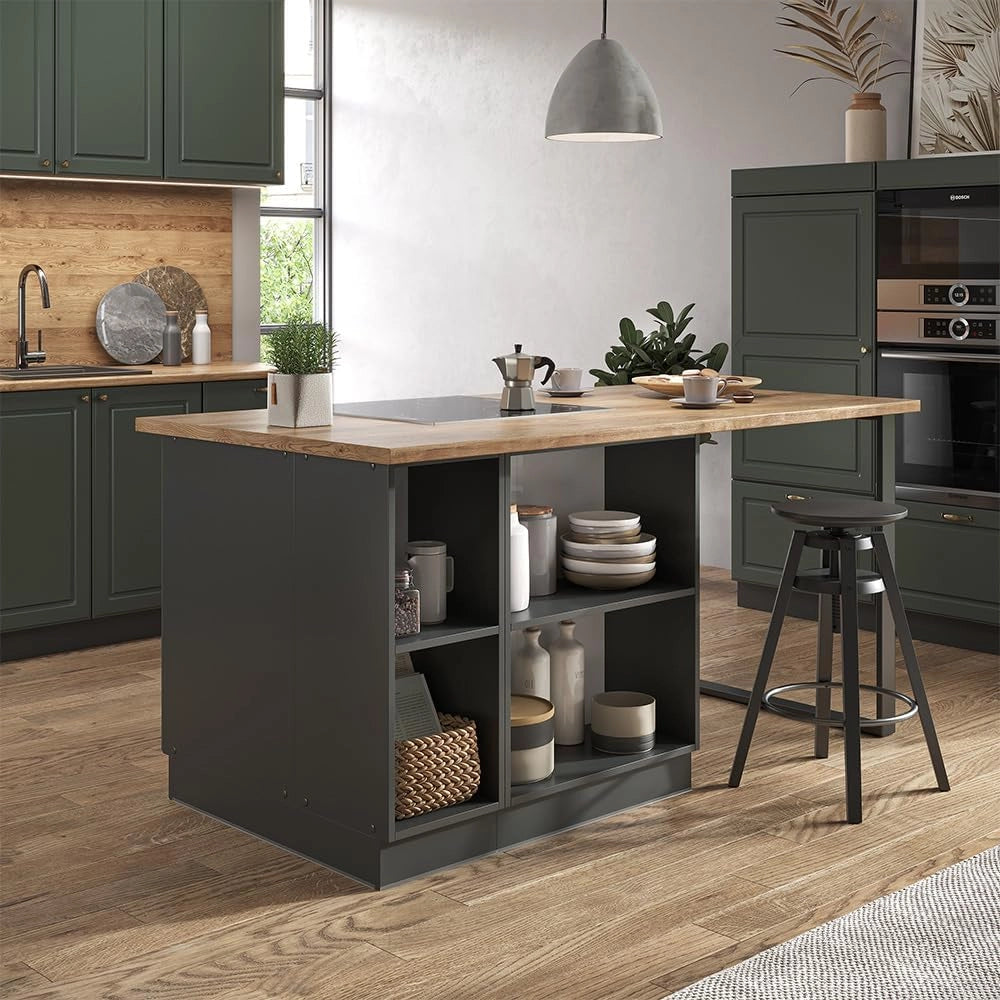 Isola cucina Fame-Line, Verde-oro Country House/Antracite, 90 cm con cassetto, senza piano di lavoro, per l'espansione flessibile tramite moduli aggiuntivi compatibili
