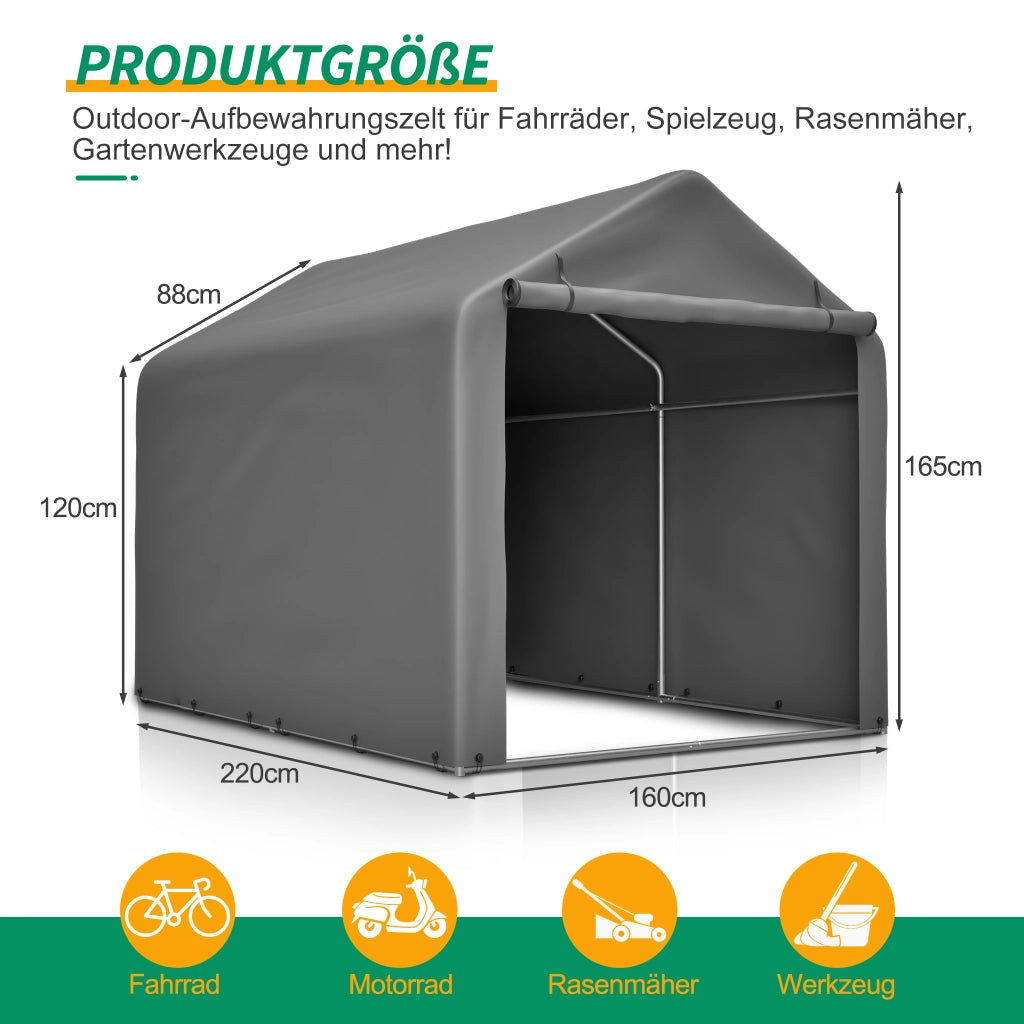 Garage per Biciclette Grigio 160 x 220 x 165 cm In Metallo E Pe Per Esterno Con Tetto Trapezoidale E Porta A Rullo