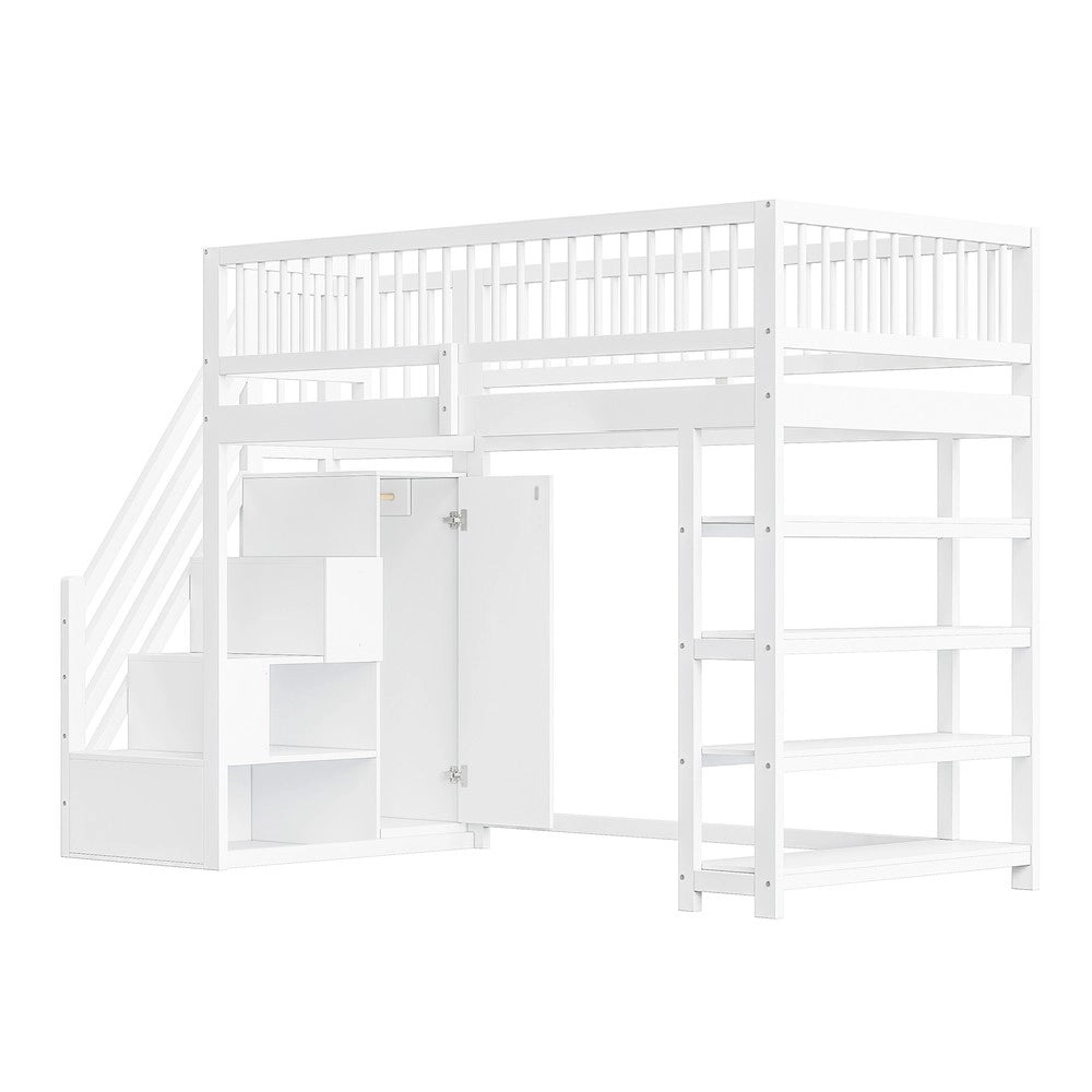 Letto a Soppalco con Armadio e Scaffali ¨C MINIMAL ¨C Massello Bianco 90x200