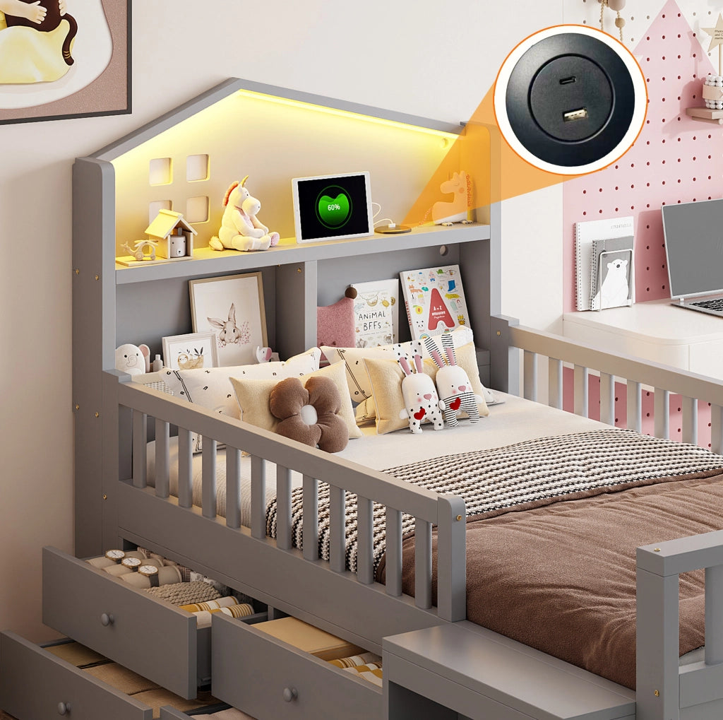Letto per bambini 90x200 cm con 4 cassetti, LED, USB e USB-C grigio