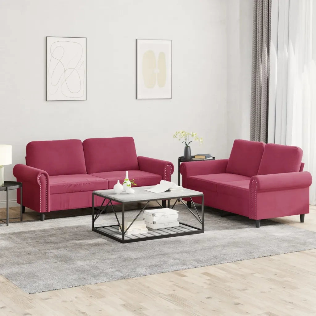 Set di Divani 2 pz con Cuscini Rosso Vino in Velluto 3202214