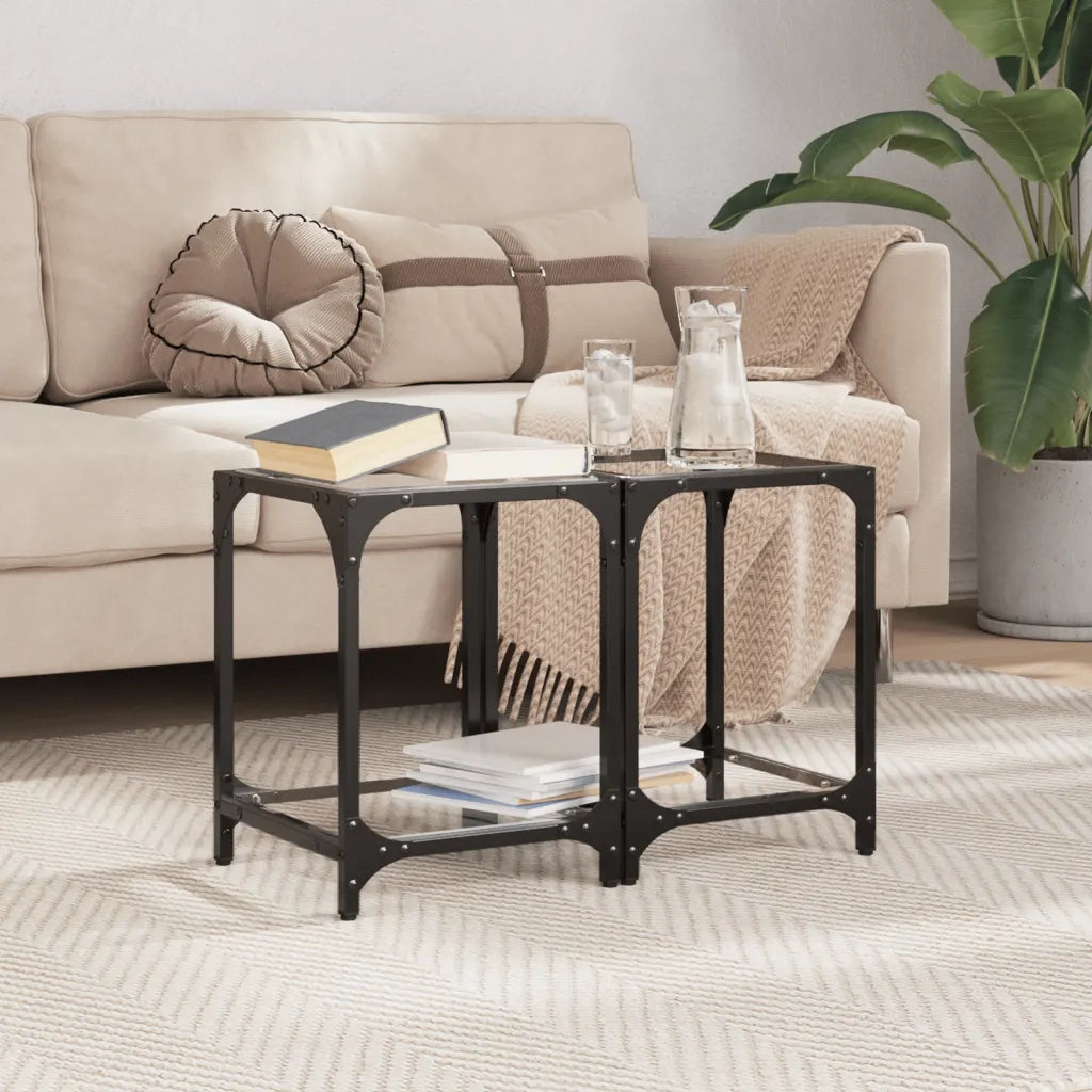 2 pz Tavolini da salotto | Tavolino da caff¨¨ | Tavolino da Soggiorno con Piano in Vetro Trasparente 30x30x40cm Acciaio