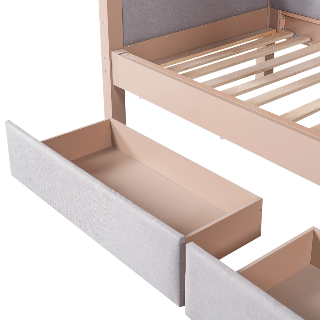 Letto a Castello 90x200 cm - 2 Cassetti; Scala a 4 Gradini e Sponde - Grigio