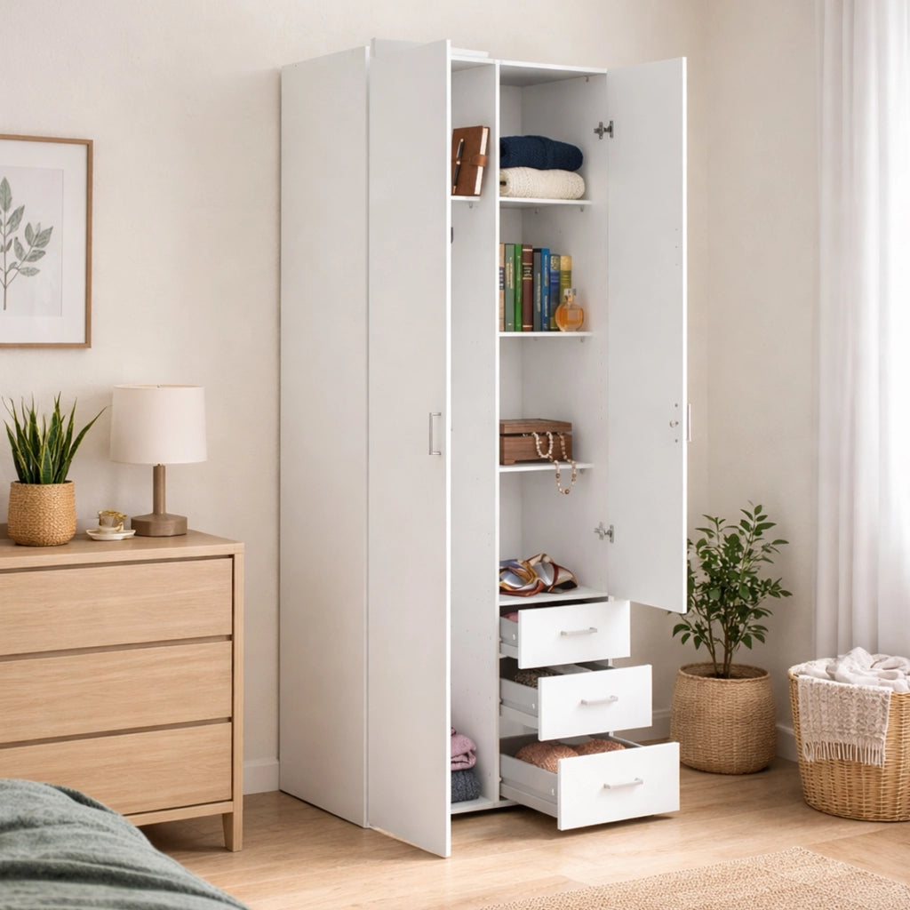 Armadio guardaroba a due ante e tre Apollina, colore bianco, Misure 77 x 200 x 49,5 cm