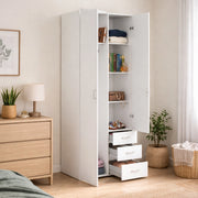 Armadio guardaroba a due ante e tre Apollina, colore bianco, Misure 77 x 200 x 49,5 cm