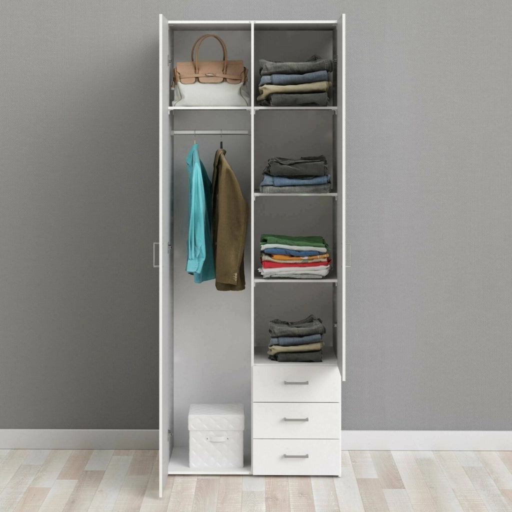 Armadio guardaroba a due ante e tre Apollina, colore bianco, Misure 77 x 200 x 49,5 cm