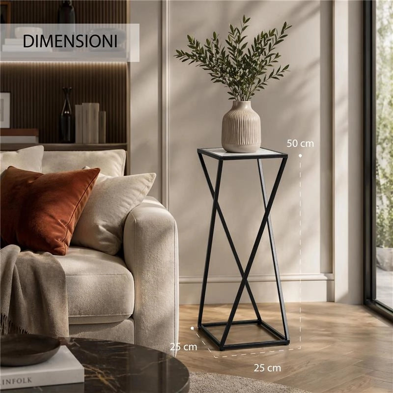 TAVOLINO A COLONNA CON STRUTTURA IN METALLO NERO E TOP IN MDF EFFETTO MARMO BIANCO MISURE: 25X50CM