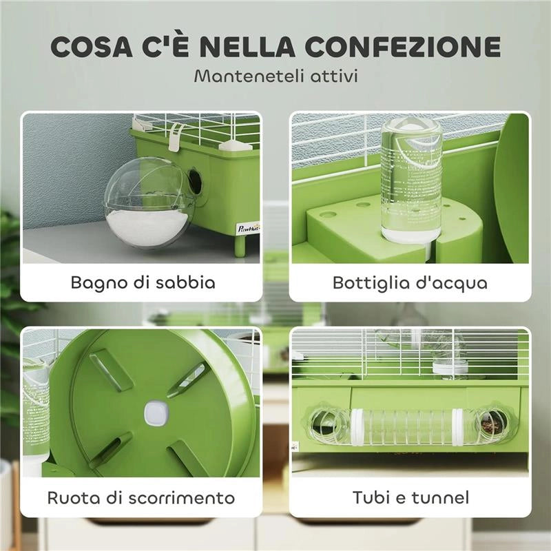 GABBIA PER CRICETI A 2 LIVELLI E 3 PORTE CON RUOTA E TUBI IN ACCIAIO PS E PP 44.5X28X44 CM VERDE E BIANCO