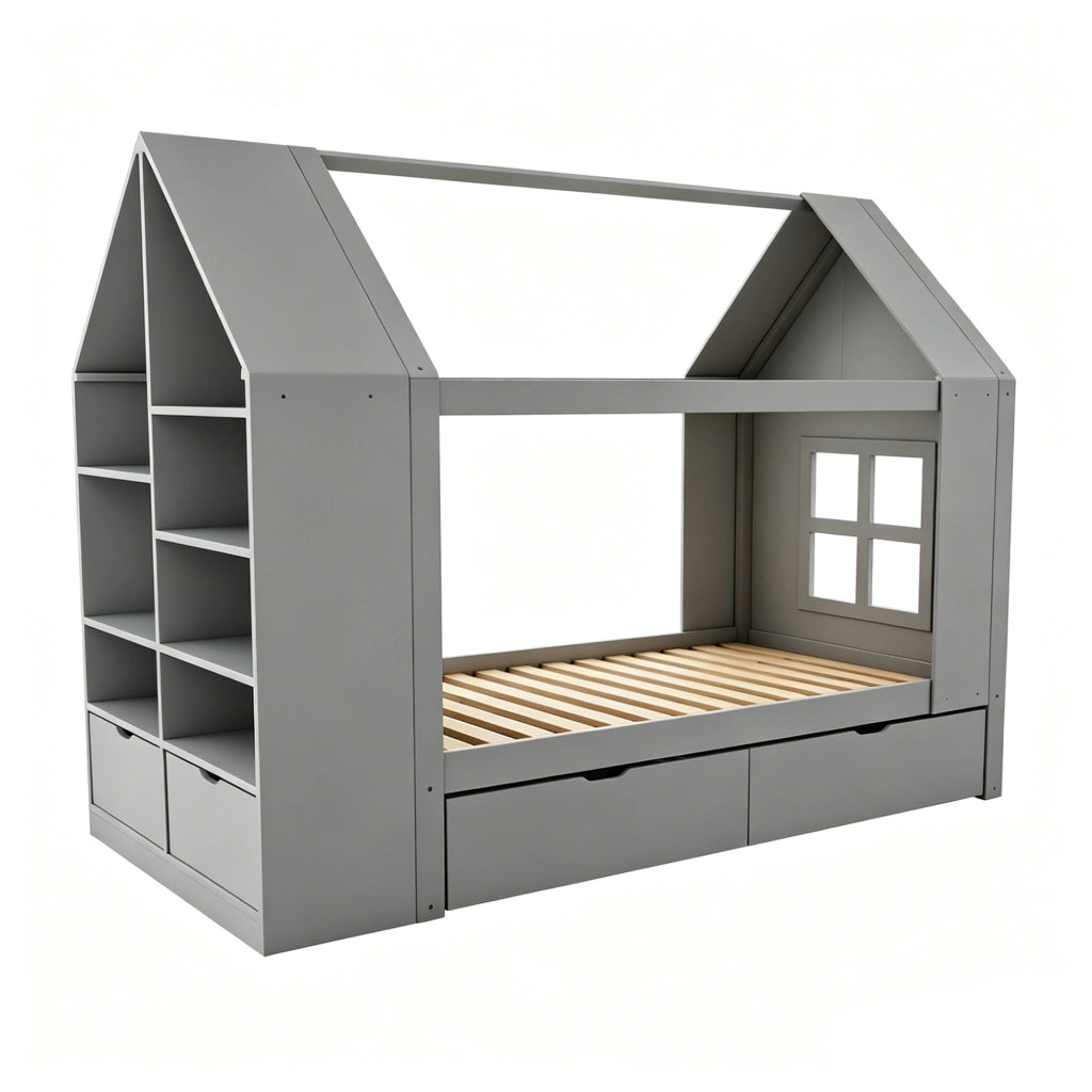 Letto per bambini 90x200 cm con cassetti, LED e vani contenitivi grigio