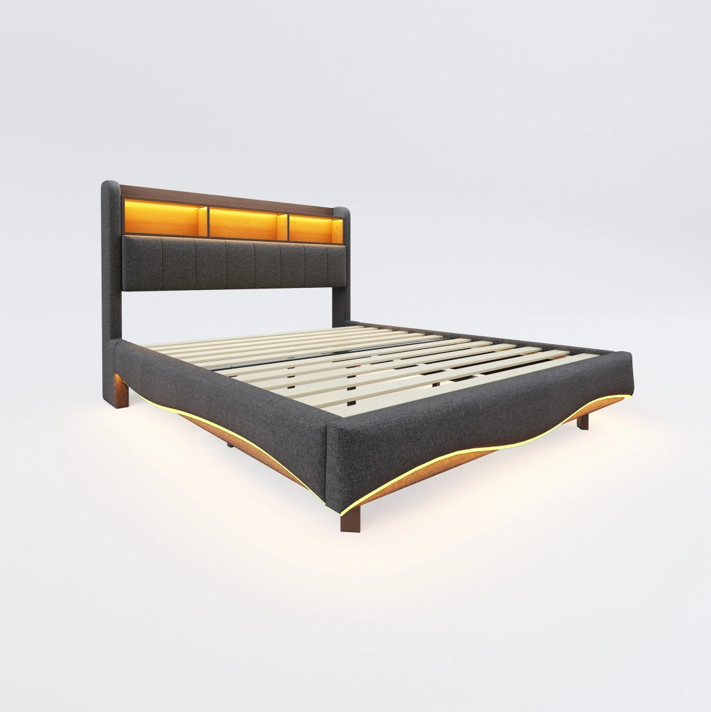 Letto imbottito sospeso 140x200 cm con LED; porte USB e Type-C; tessuto effetto lino grigio