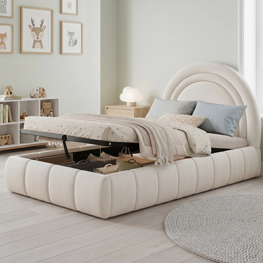 Letto imbottito per bambini 90x200 cm con contenitore idraulico; testiera alta in velluto beige