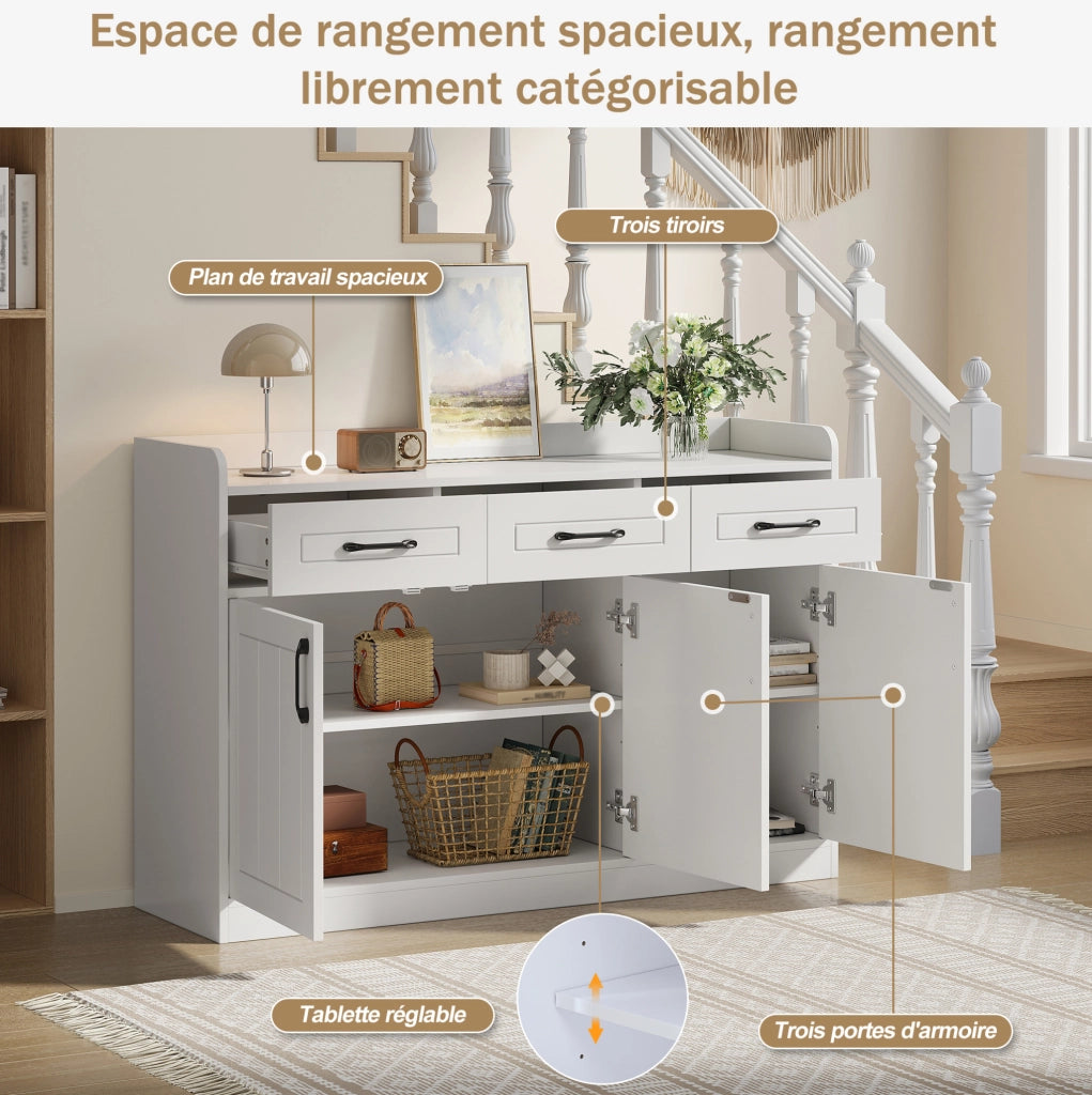 Credenza 120x35x80 cm con 3 cassetti e 3 ante; truciolare; bianco