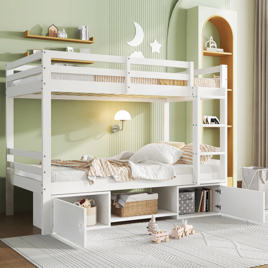 Letto a castello per bambini 205x104x158 cm con scaffale e armadietti; divisibile in 2 letti singoli; legno e MDF; bianco
