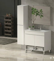 Mobile Bagno NEBARI com gambe Già Montato 2 portas, lavabo e specchio Bianco lucido 70x45 cm con colonna