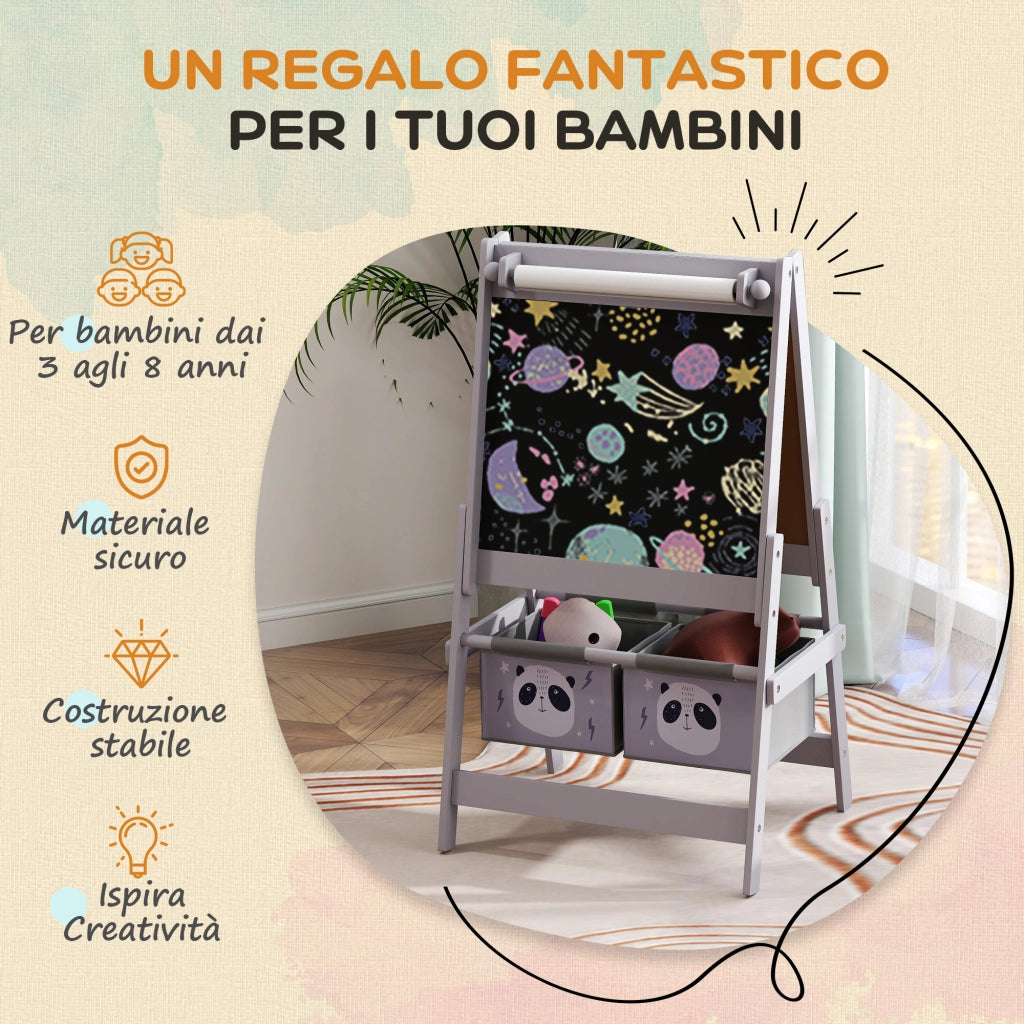 Lavagna per Bambini con Cavalletto e Contenitori ¨C Zephmum ¨C Grigio 54x46.5x93cm