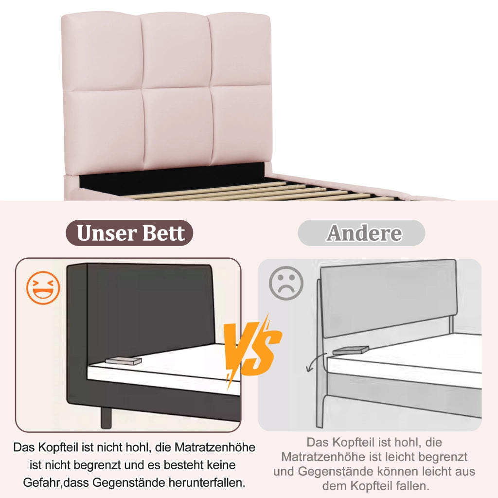 Letto imbottito idraulico con porta USB 90x200 cm velluto rosa