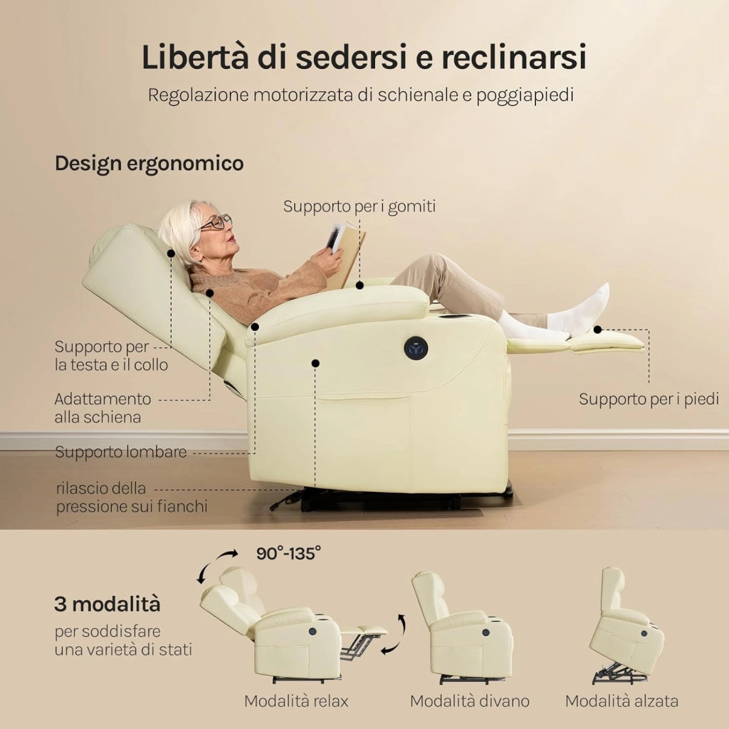Poltrona Elettrica Reclinabile, Sedia Massaggiante con Alzapersone, Riscaldamento, Poggiapiedi, Tasche Laterali, Porta USB, Portabicchieri, per Soggiorno, PU, Beige, SKS62be