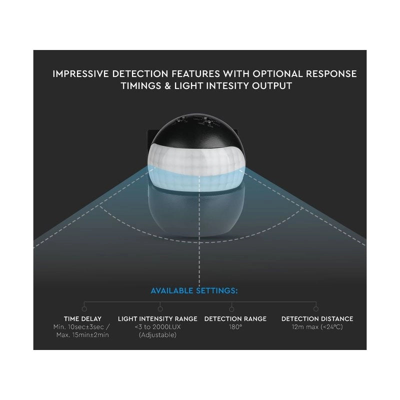 Sensore di Movimento a Infrarossi e Crepuscolare Montaggio a Parete Muro Carcassa Nera Testa Orientabile 180 Gradi IP44 SKU-5089
