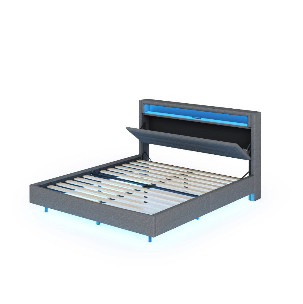 Letto imbottito 160x200 cm con USB; LED e testiera reversibile grigio