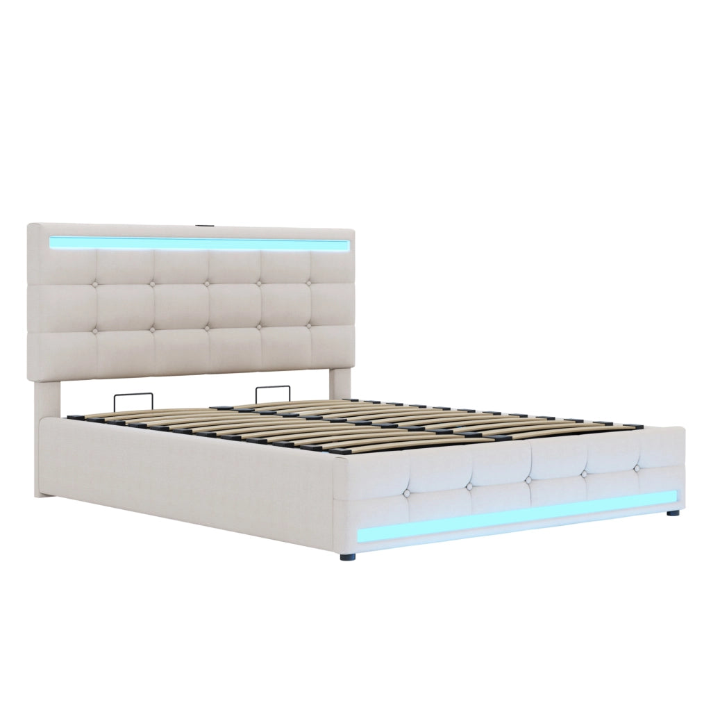 Letto matrimoniale 140x200 cm imbottito con LED, 2 porte USB e contenitore beige