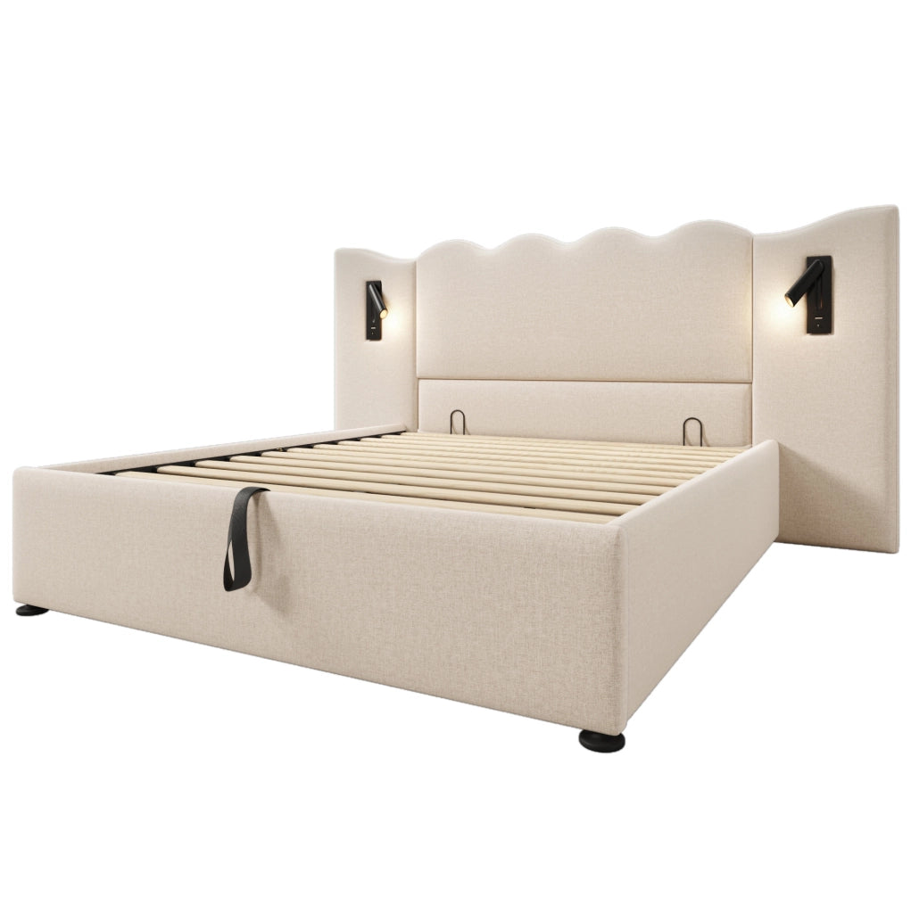 Letto matrimoniale 160x200 cm in lino beige con luce da lettura; USB Type-C e vano contenitore
