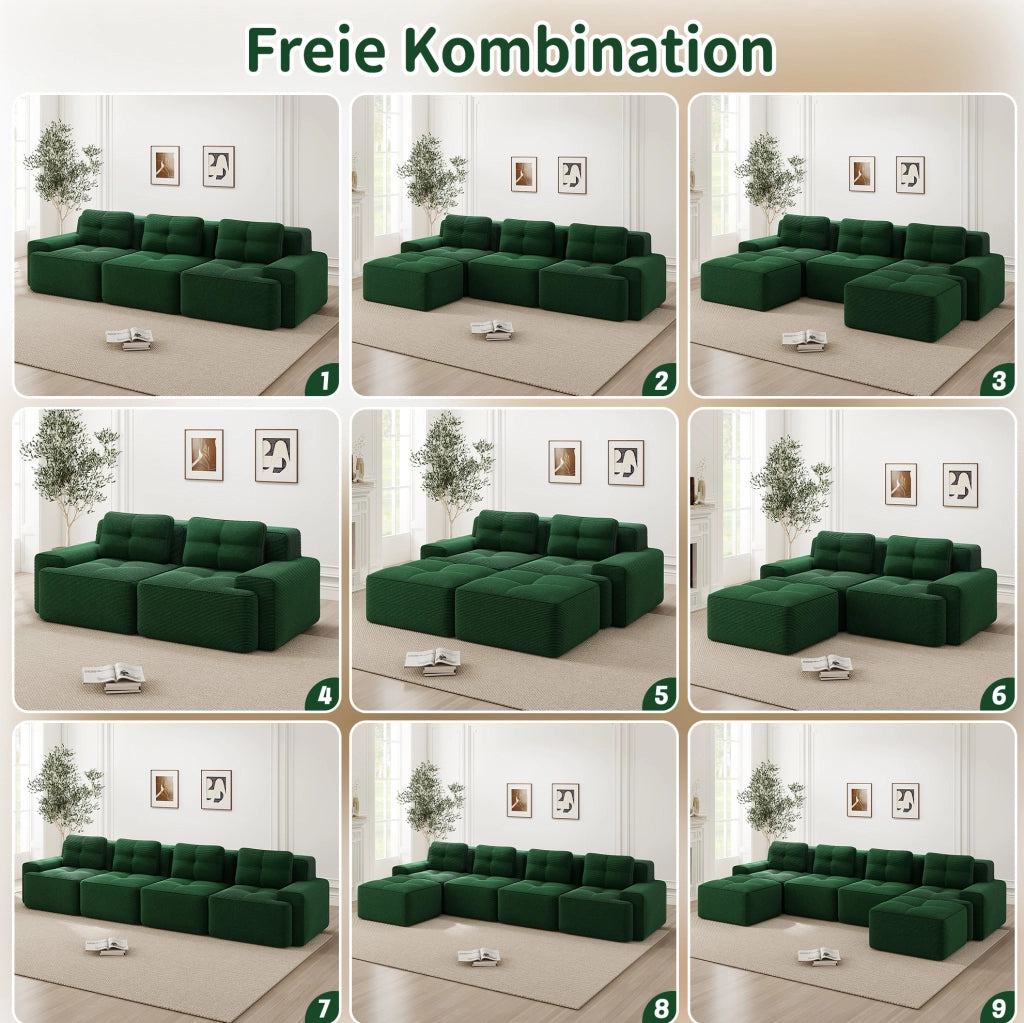 Divano modulare 4 posti con chaise longue a L; senza montaggio; in velluto a coste verde