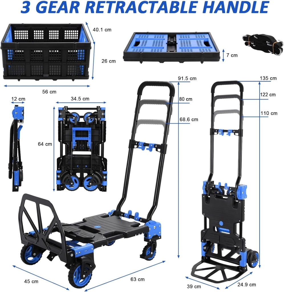 Carrello 2-in-1 con con Grande Scatola Pieghevole, Carrello a Piattaforma max. 150 kg, 2 Elastici con Gancio, Regolabile in Altezza a 3 Livelli, per Trasporto, Shopping, Campeggio, Trasloco (Blu)