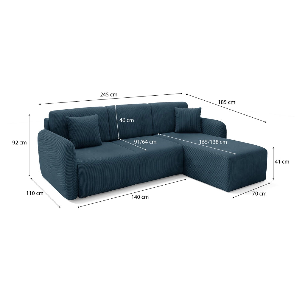 Ranco, Divano Letto con Penisola Contenitore, 245x185 cm blu