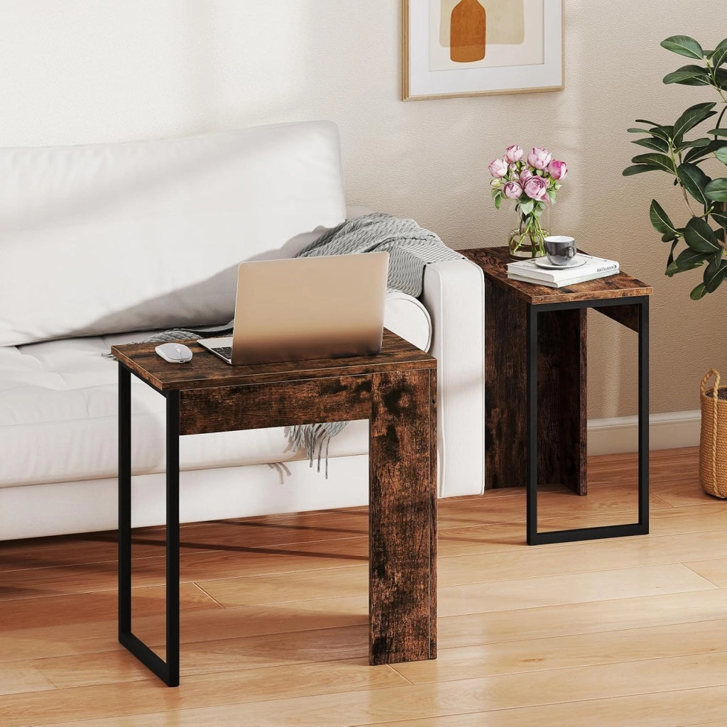 Set di 2 Tavolini da Caffè Impilabili, Tavoli Laterali per Divano con Piano in Finta Legno e Struttura in Metallo, Tavoli per Salotto, Studio e Camera da Letto, Marrone